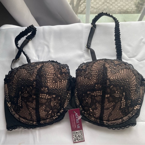 Adore Me Padded Bra Womens Size 34C Jet Black Floral Lace Underwire NWT - Picture 1 of 9